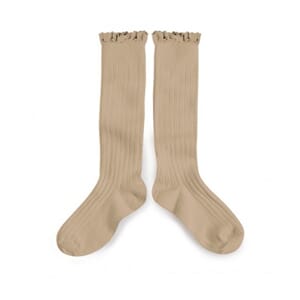 Lace-Trim Ribbed Knee-High Socks Taupe - Collegien
