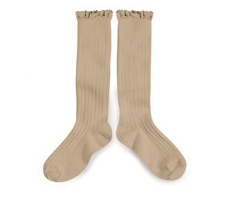 Lace-Trim Ribbed Knee-High Socks Taupe - Collegien