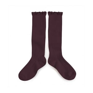Lace-Trim Ribbed Knee-High Socks Aubergine - Collegien