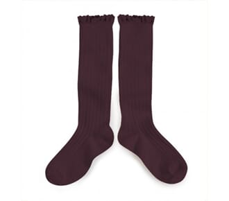 Lace-Trim Ribbed Knee-High Socks Aubergine - Collegien